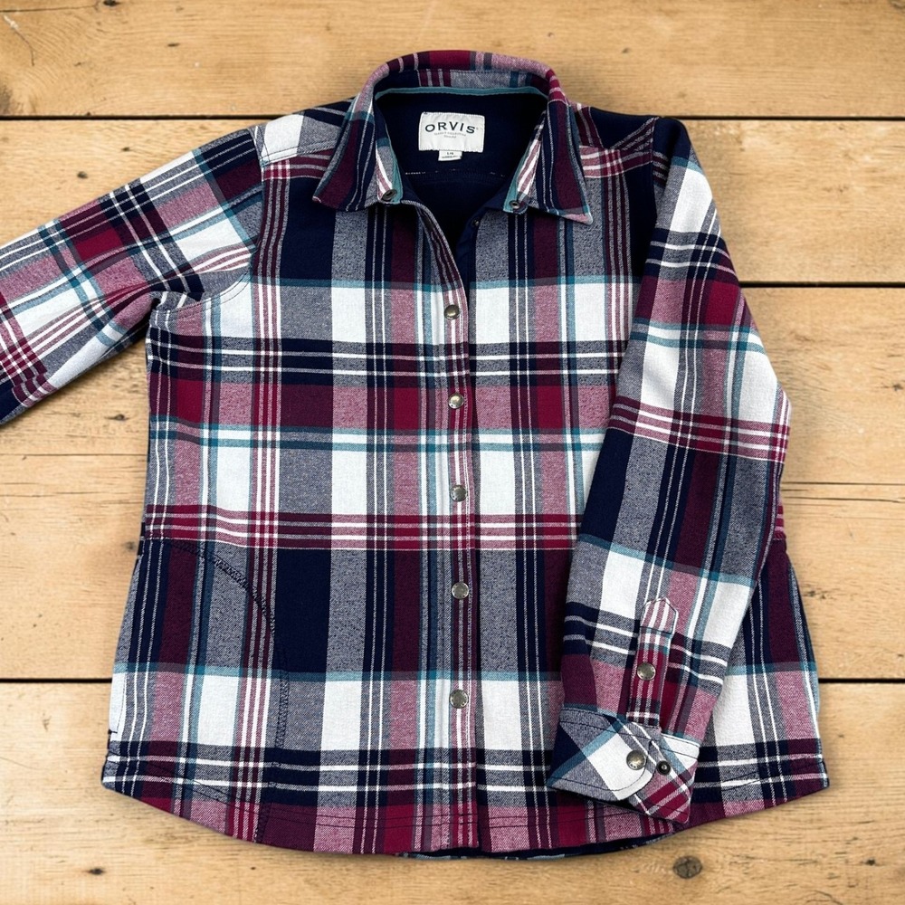 Orvis Shacket Women Large Navy Burgundy Plaid Fleece Lined Flannel Snap Close